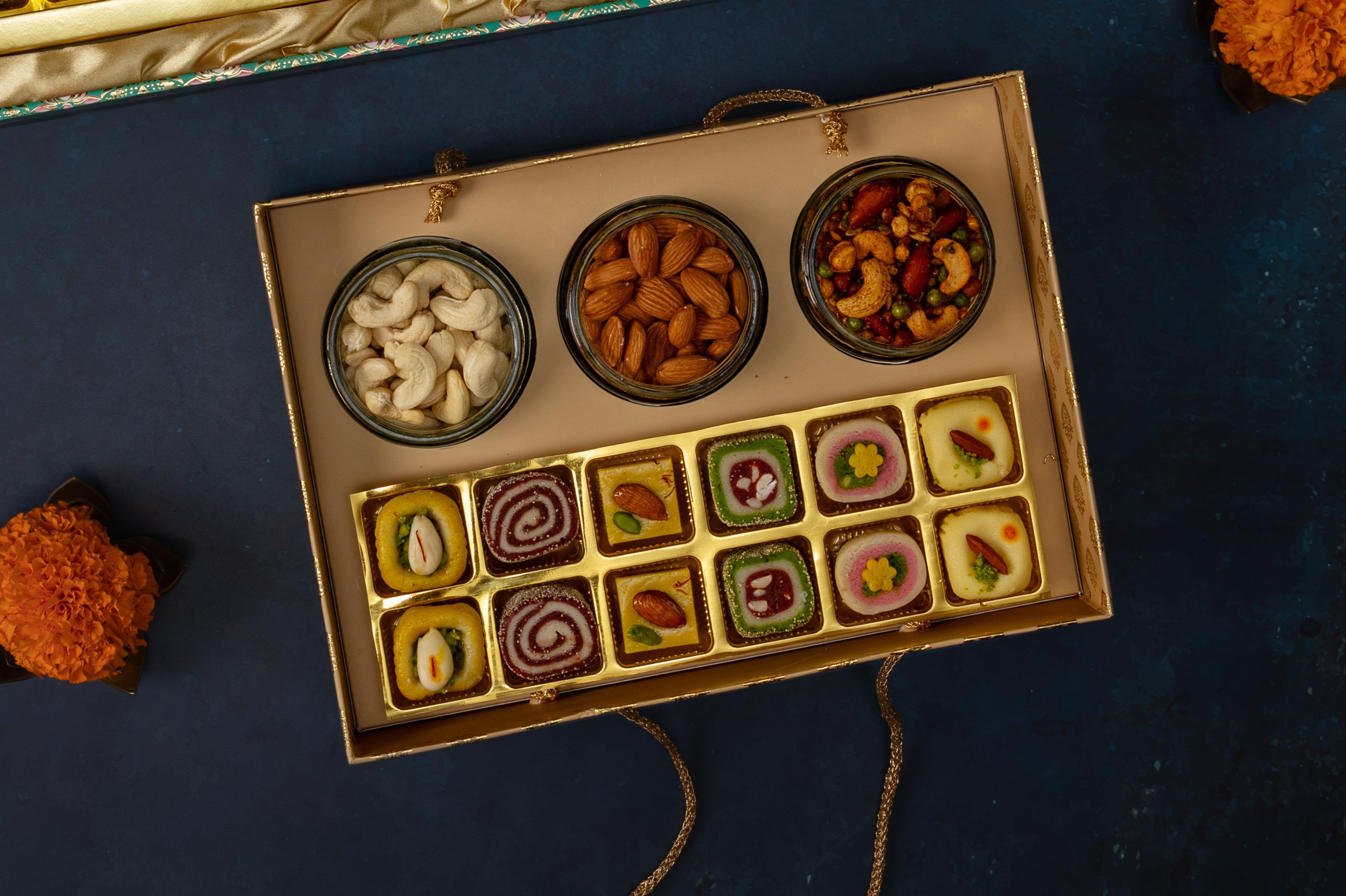 Gomedh Dryfruit Gift Hampers Open Tray Sweets + Three Jar